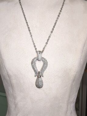 Vintage 70s Silver Boho Necklace Long Door Knocker Textured Marquestie Style 24"
